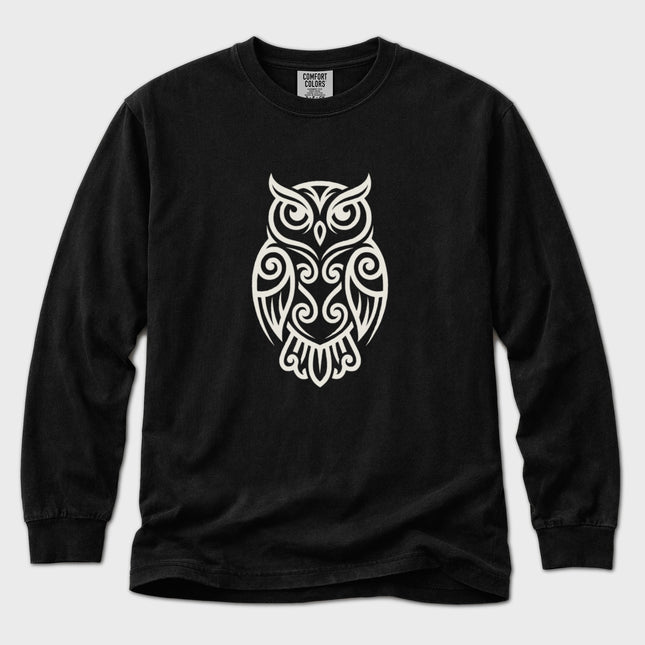 Geometric owl line art long sleeve t-shirt featuring a nocturnal bird design.