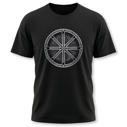 Celtic Wheel of the Year pagan symbol graphic on a black t-shirt.