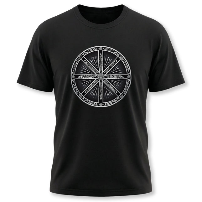 Celtic Wheel of the Year pagan symbol graphic on a black t-shirt.
