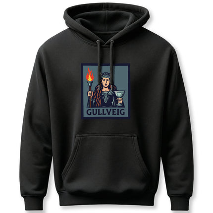 Gullveig Norse goddess graphic on black hoodie, featuring a torch and chalice design.