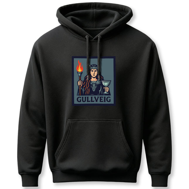 Gullveig Norse goddess graphic on black hoodie, featuring a torch and chalice design.