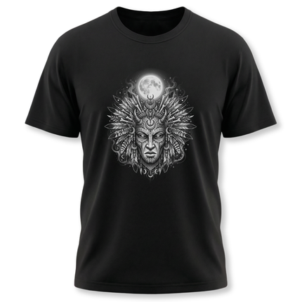 Lunar Deity Portrait Tee - Tribal Moon Mask Graphic Art T-Shirt