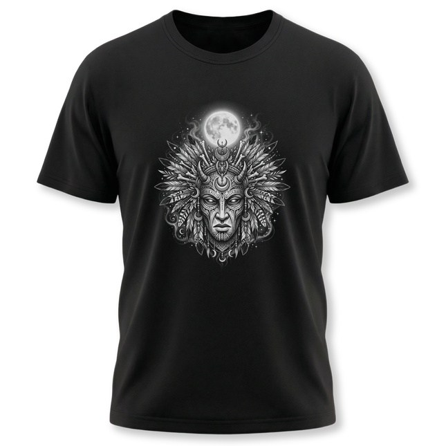 Lunar Deity Portrait Tee - Tribal Moon Mask Graphic Art T-Shirt