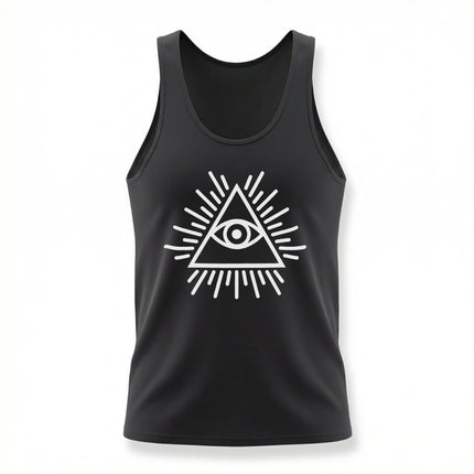 Black tank top featuring the Eye of Providence symbol in a minimalist pyramid design.
