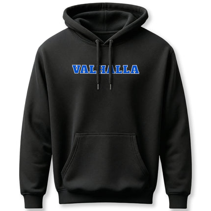 Black Valhalla Norse hoodie featuring "VALHALLA" in bold blue text. Unisex Viking mythology apparel.