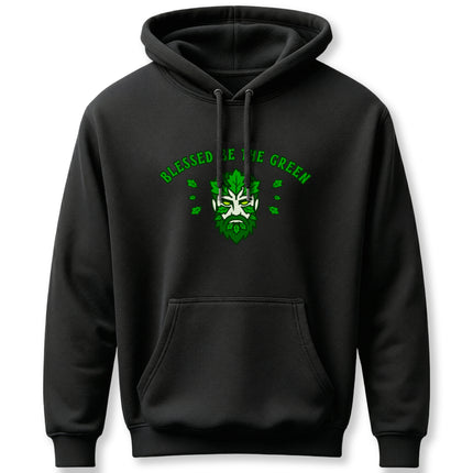 Black pullover hoodie featuring the Green Man graphic and "Blessed Be The Green Man" nature spirit text.