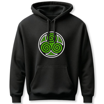 Green Celtic triskelion triple spiral symbol graphic on a black pullover hoodie.