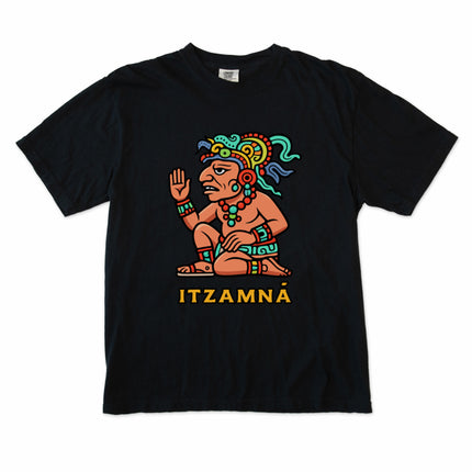 Colorful Itzamná Mayan God graphic print on a unisex t-shirt featuring ancient mythology art.
