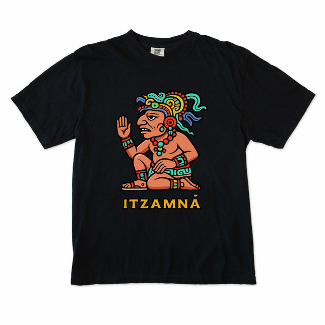 Colorful Itzamná Mayan God graphic print on a unisex t-shirt featuring ancient mythology art.