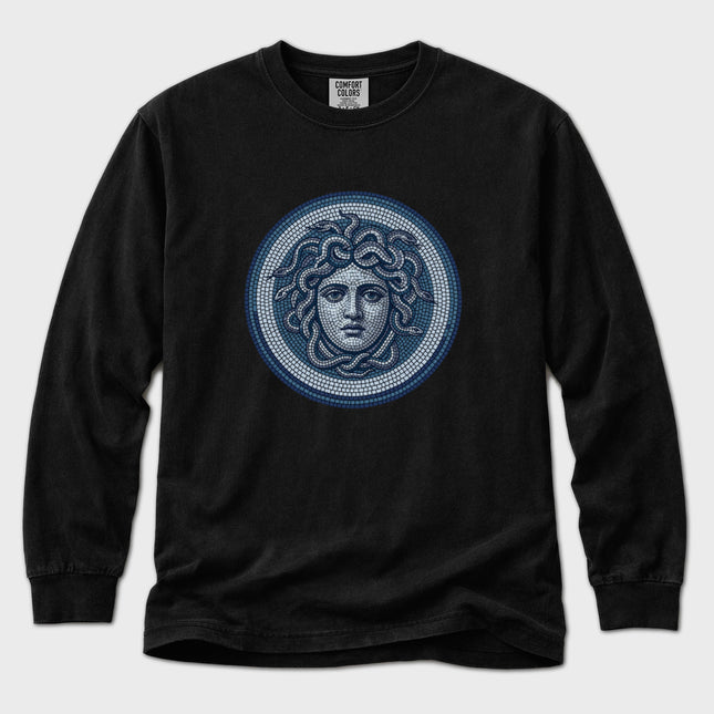 Mosaic Medusa graphic tee featuring Greek mythology gorgon art.