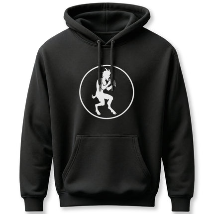Mythological satyr playing a flute graphic on a black pullover hoodie.