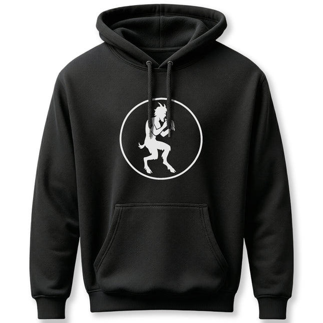 Mythological satyr playing a flute graphic on a black pullover hoodie.
