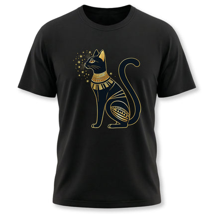 Bastet Egyptian cat graphic tee design in gold on a black shirt.