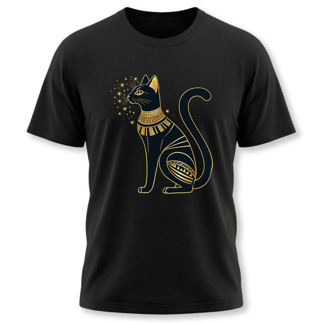 Bastet Egyptian cat graphic tee design in gold on a black shirt.