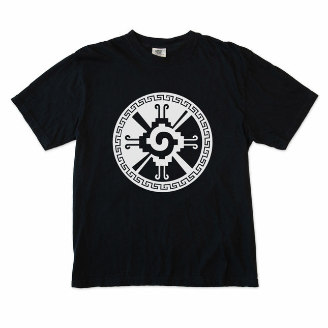 Black t-shirt featuring a white geometric spiral abstract graphic print.