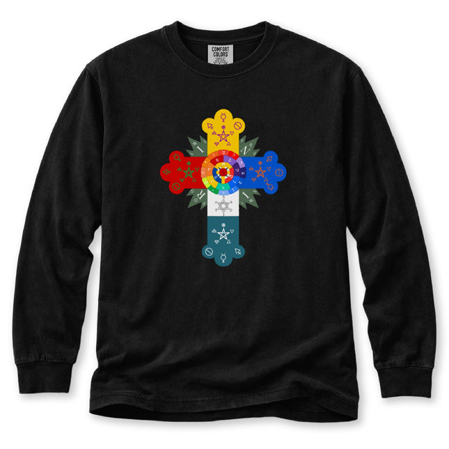 Rosy Cross Long Sleeve T-Shirt | Multicolor Esoteric Symbol Graphic Tee