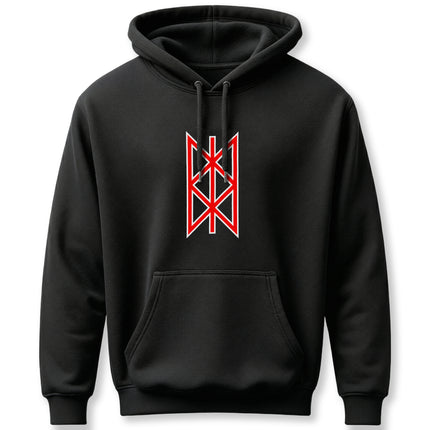 Black hoodie featuring a red Norse Web of Wyrd destiny symbol.