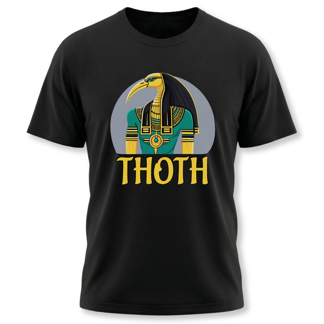 Thoth Egyptian god graphic tee featuring the ibis deity and the name "THOTH" in ancient style.