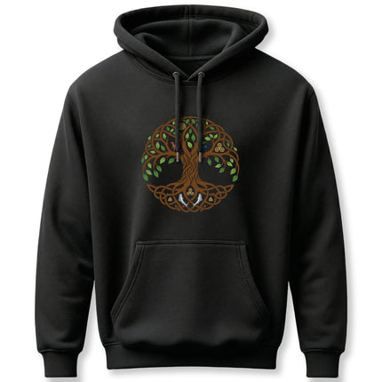 Black hoodie featuring a vibrant Celtic Tree of Life graphic, symbolizing the World Tree.