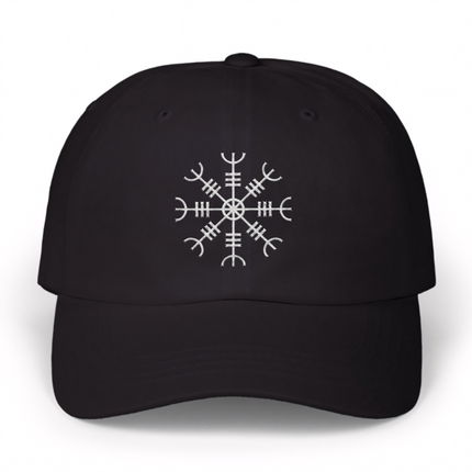 Black baseball cap featuring the embroidered white Aegishjalmur Viking symbol.