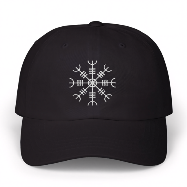 Black baseball cap featuring the embroidered white Aegishjalmur Viking symbol.