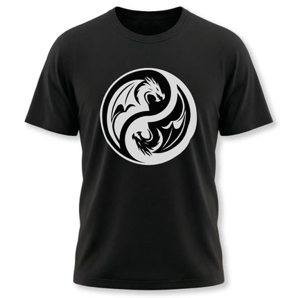 Black t-shirt featuring a monochrome Yin Yang symbol with a powerful dragon design.