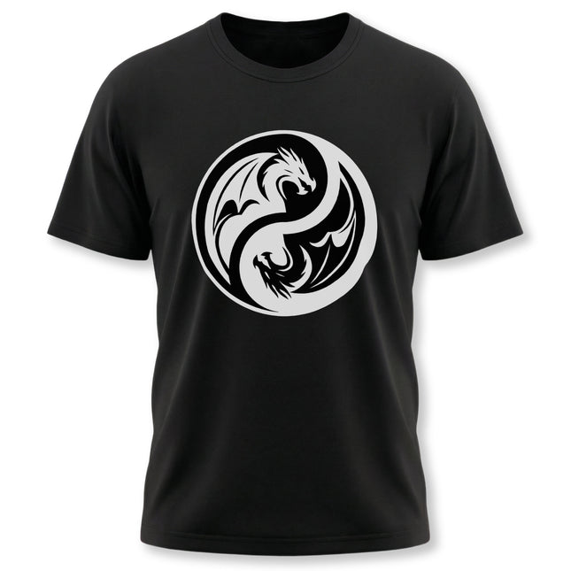Black t-shirt featuring a monochrome Yin Yang symbol with a powerful dragon design.