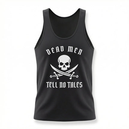Dead Men Tell No Tales pirate skull and swords graphic tank top.