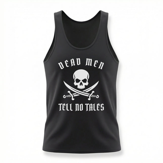 Dead Men Tell No Tales pirate skull and swords graphic tank top.