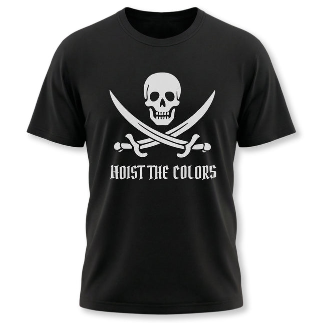 Hoist the Colors pirate skull crossbones graphic t-shirt design.