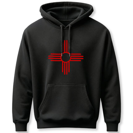 Black hoodie featuring the red Zia Sun Symbol, a Native American cultural graphic.