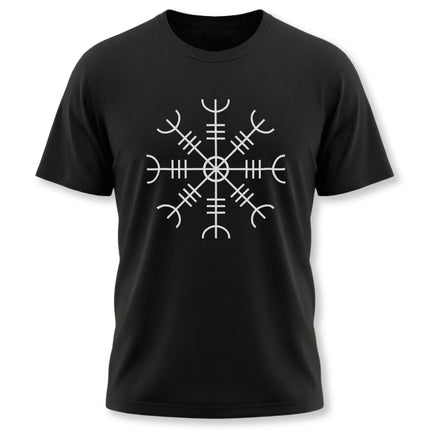 Black t-shirt featuring the white Aegishjalmur symbol, a Norse Viking graphic tee design.
