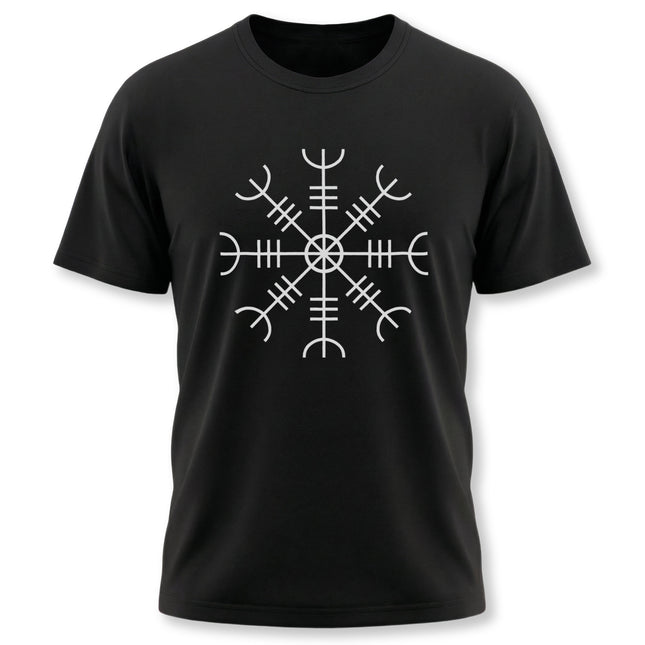 Black t-shirt featuring the white Aegishjalmur symbol, a Norse Viking graphic tee design.