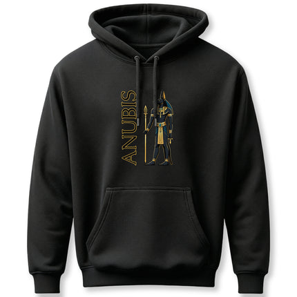 Anubis Egyptian god graphic and name on black pullover hoodie, featuring ancient mythology.