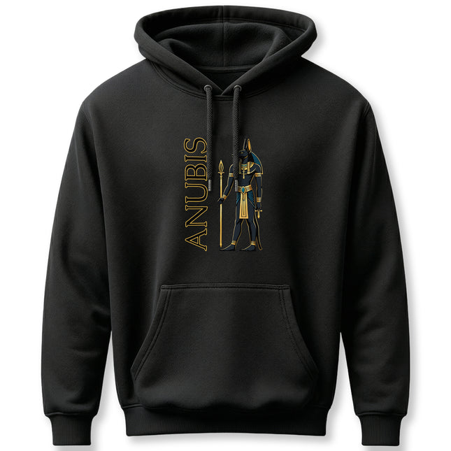 Anubis Egyptian god graphic and name on black pullover hoodie, featuring ancient mythology.