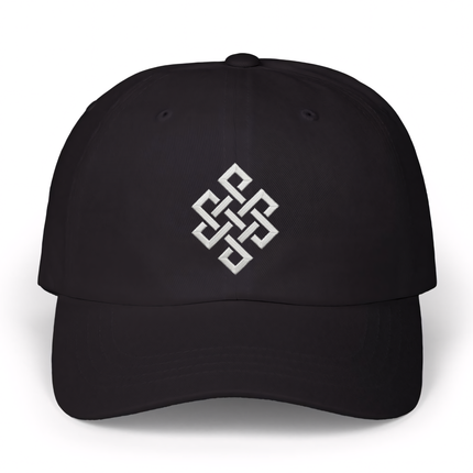 Black baseball cap featuring white embroidered Endless Knot Buddhist symbol.