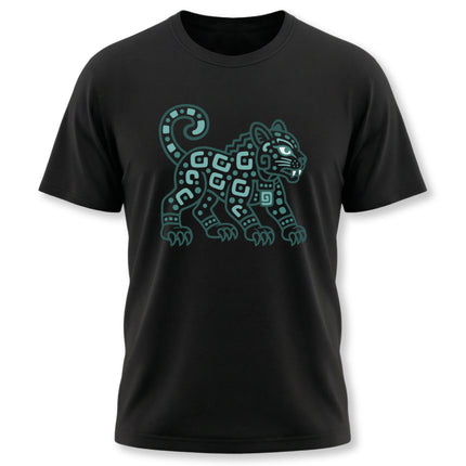 Mayan Jaguar T-Shirt | Teal Walking Cat with Geometric Markings Tee