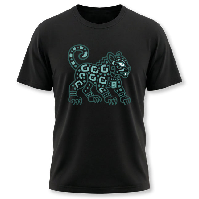 Mayan Jaguar T-Shirt | Teal Walking Cat with Geometric Markings Tee
