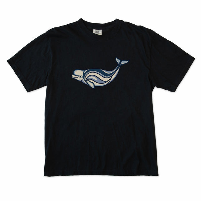 Indigenous art beluga whale graphic tee shirt inspired by Inuit marine culture.