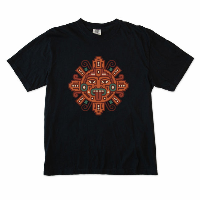 Terracotta Mayan sun graphic tee featuring Mesoamerican inspired solar symbols.