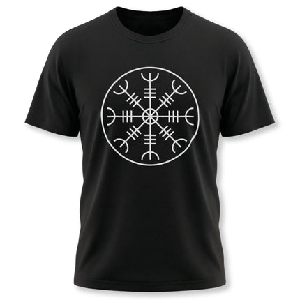 Aegishjalmur Norse symbol graphic tee on a black t-shirt.