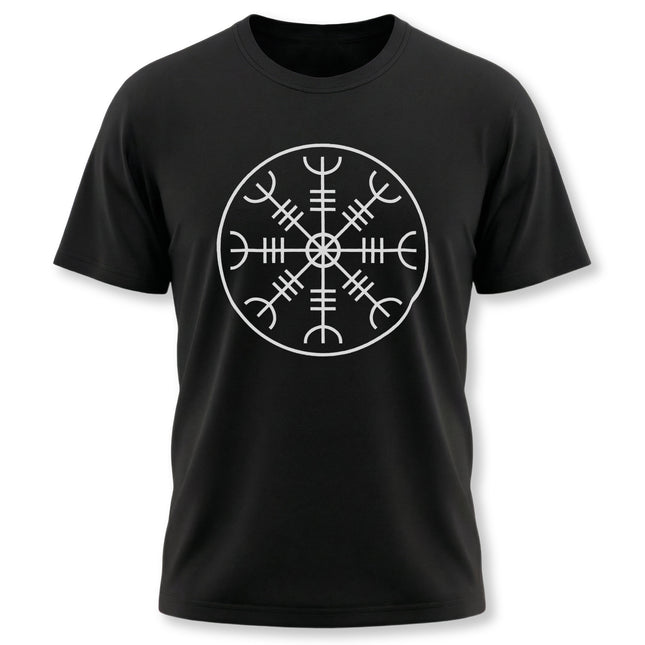 Aegishjalmur Norse symbol graphic tee on a black t-shirt.
