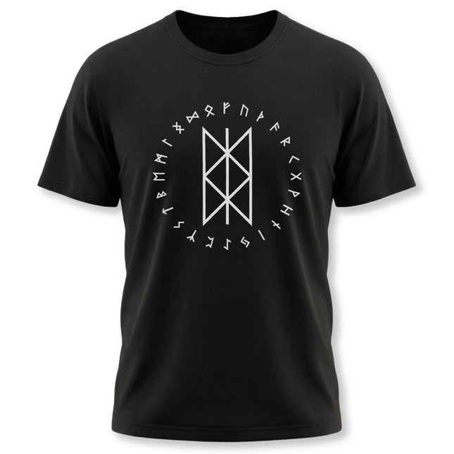 Norse rune circle and Web of Wyrd design on a black Viking graphic tee.