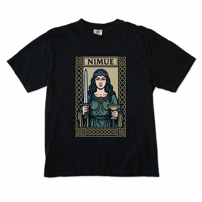 Celtic Lady of the Lake tee featuring Arthurian sword and chalice artwork design.
