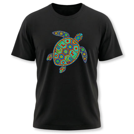 Vibrant Huichol sea turtle folk art graphic on a black unisex t-shirt.