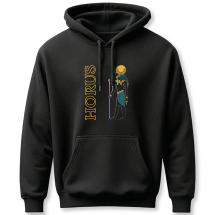 Black hoodie featuring Horus, the Egyptian god, with an ankh and staff graphic and "HORUS" text.