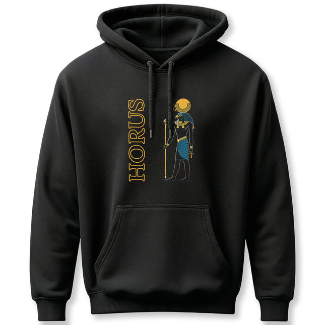 Black hoodie featuring Horus, the Egyptian god, with an ankh and staff graphic and "HORUS" text.