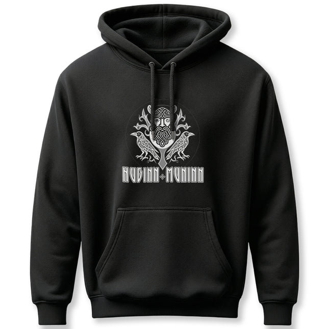 Black hoodie with Huginn & Muninn ravens graphic, symbolizing Odin's knowledge and wisdom.