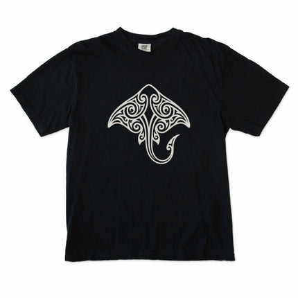 Tribal stingray Maori Polynesian ocean life graphic t-shirt featuring oceanic tribal art.