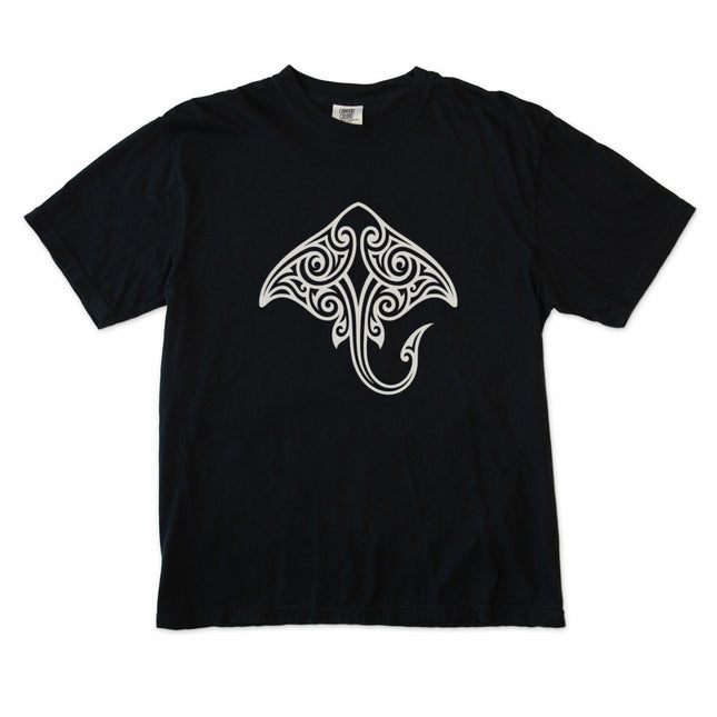 Tribal stingray Maori Polynesian ocean life graphic t-shirt featuring oceanic tribal art.